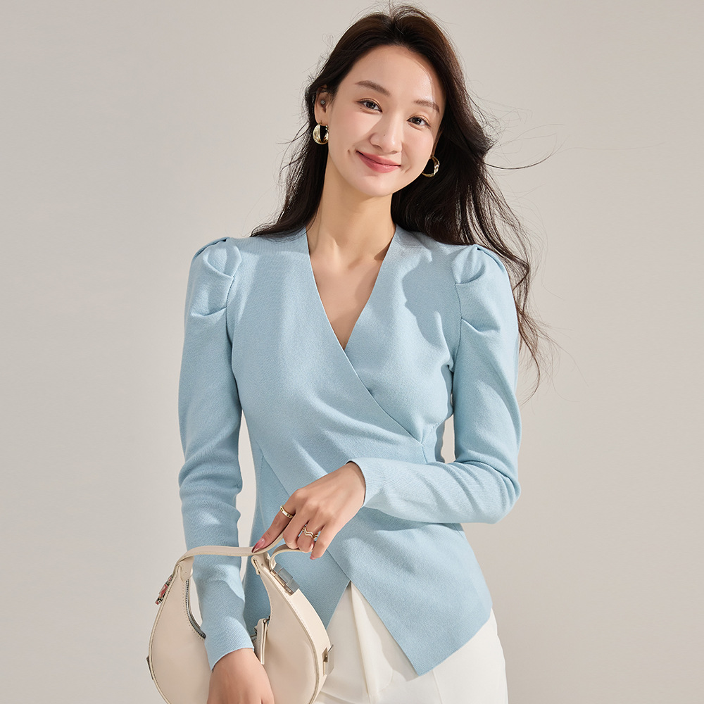 早秋韩版显瘦弹力螺纹交叉V领泡泡袖打底衫毛衣针织上衣女22454