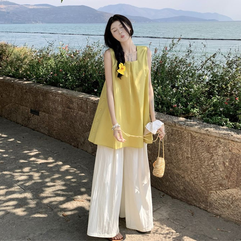 韓国の新しい黄色のノースリーブベストシャツ女性のための 2025 夏の新しいリラックスしたルーズワイドレッグパンツ 2 点セット|undefined