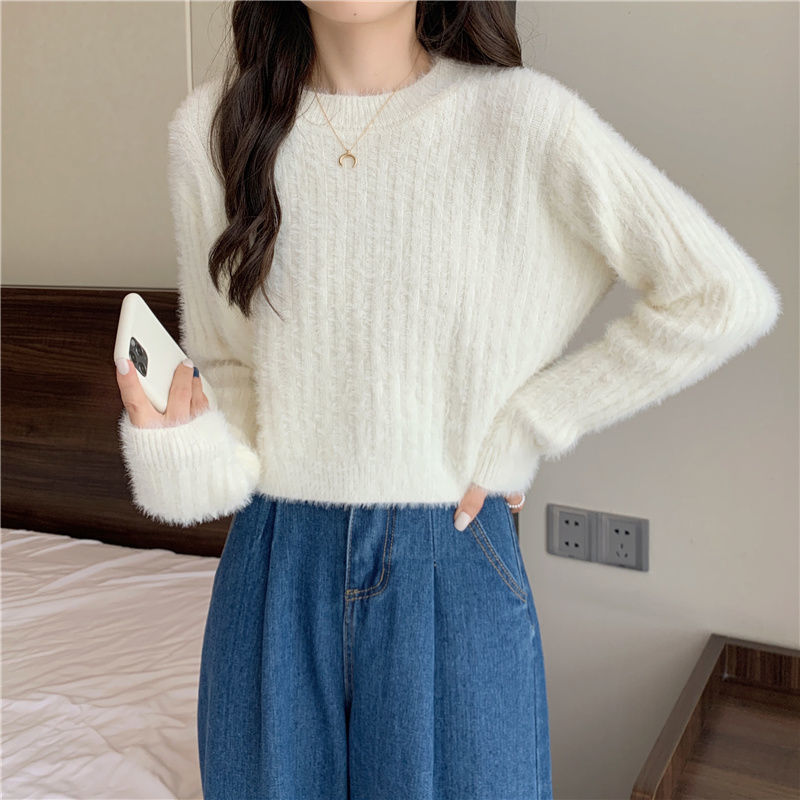 短款水貂绒毛衣女秋冬韩版纯色甜美百搭气质套头时尚针织衫上衣潮|undefined
