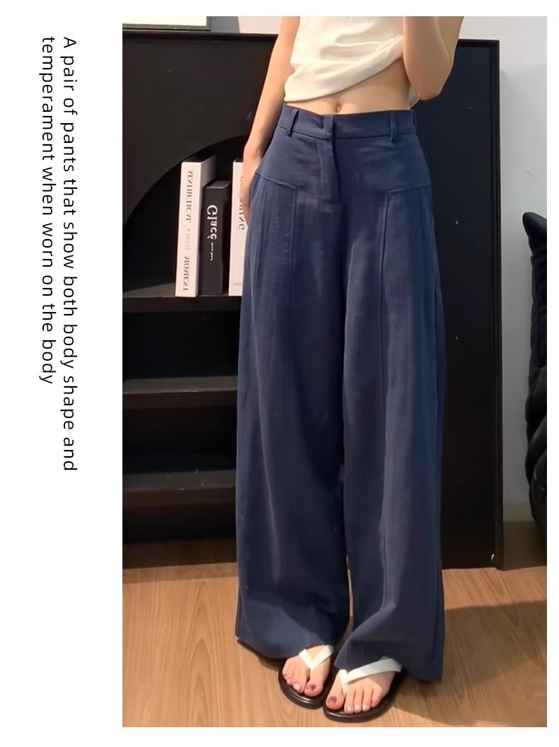 Quần culottes nữ ống rộng cạp cao vải linen phối tơ — Xanh sẫm chi tiết 18