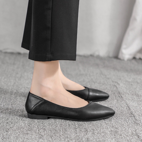 Women's Black Pointed-toe Flat Soft Sole Work Shoes, Spring Soft Leather Comfort Professional Shoes for Air Hostess Auditions