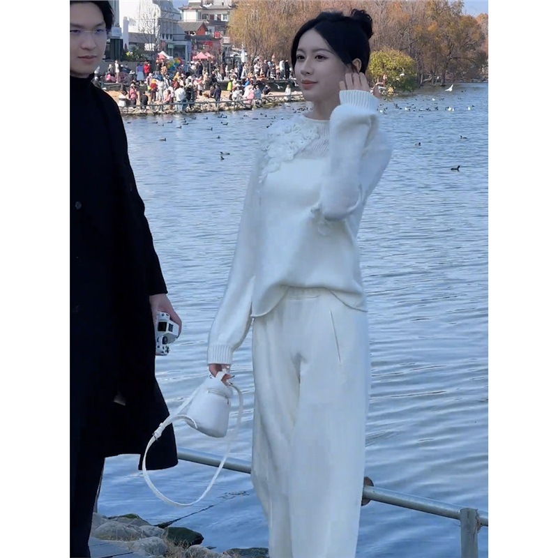 深圳南油时尚套装女2025秋季设计感洋气针织长袖上衣阔腿裤两件套|undefined
