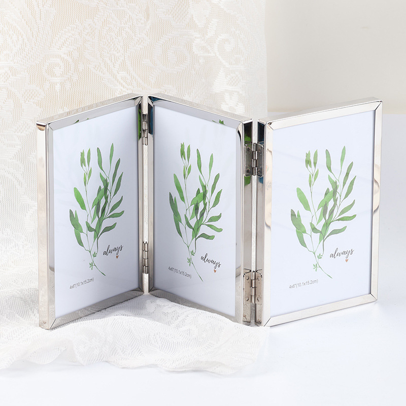Creative conjoined combination folding photo frame table triple 6 inch 7 inch 8 inch stainless steel metal triple folding photo frame wholesale