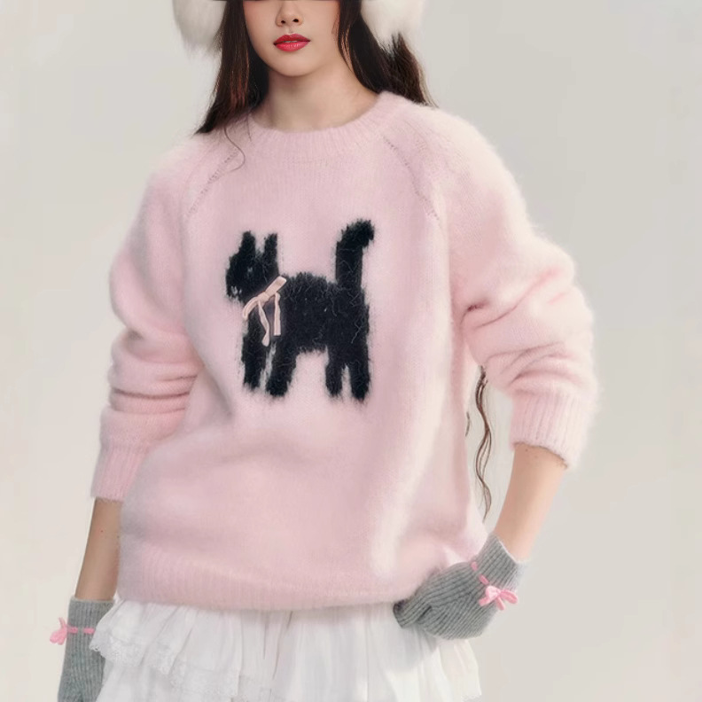 Design knitted autumn cartoon sweater with bow with a round collar