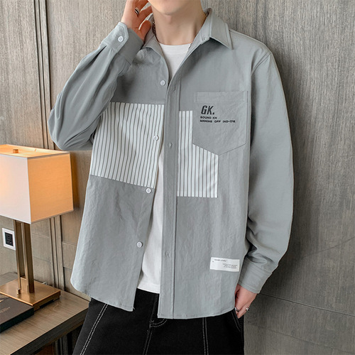 Men's Long-Sleeve Shirt for Spring and Autumn | Instagram-Fashion Brand Workwear Style | Autumn Edition Cool & Edgy Patchwork Blouse Top + Outerwear