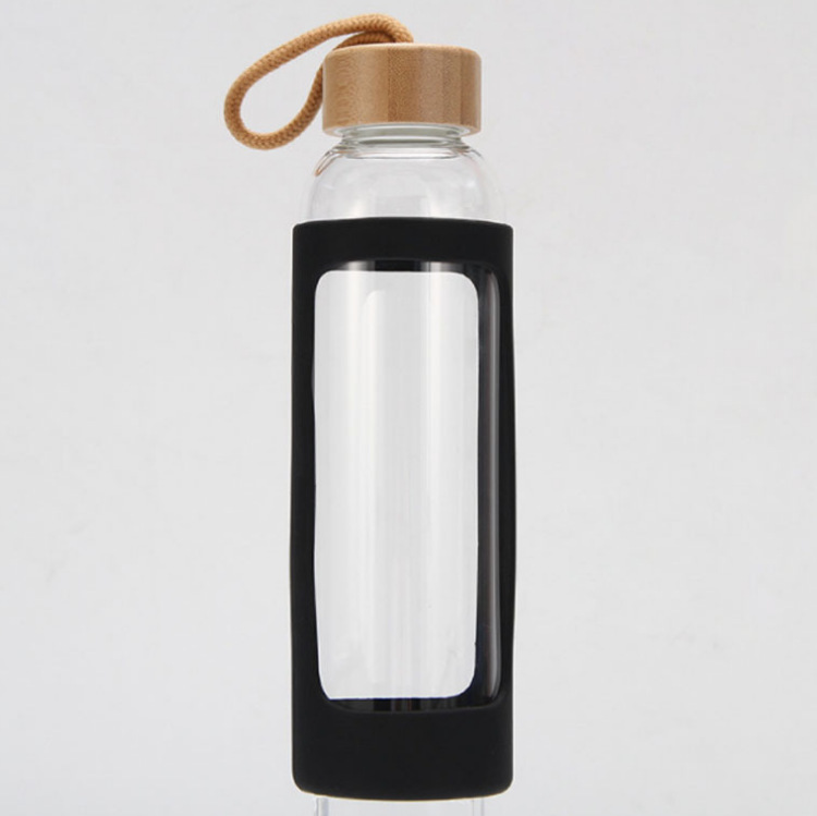 Venta caliente transfronteriza cubierta de silicona cubierta de madera vidrio botella de vidrio de una sola capa al aire libre con cuerda anti-scald publicidad Copa LOGO