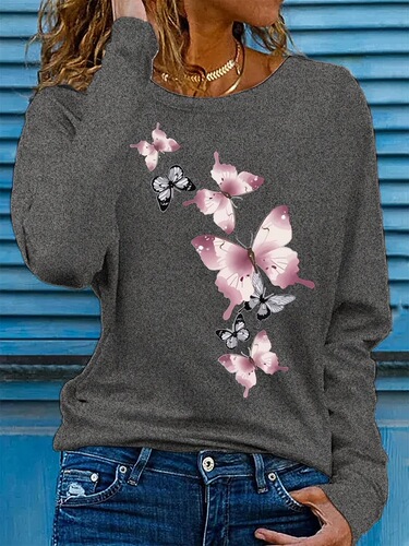 Spring and autumn women's 100% cotton fashionable casual loose butterfly pattern print round collar long-sleeved T-shirt basic lining