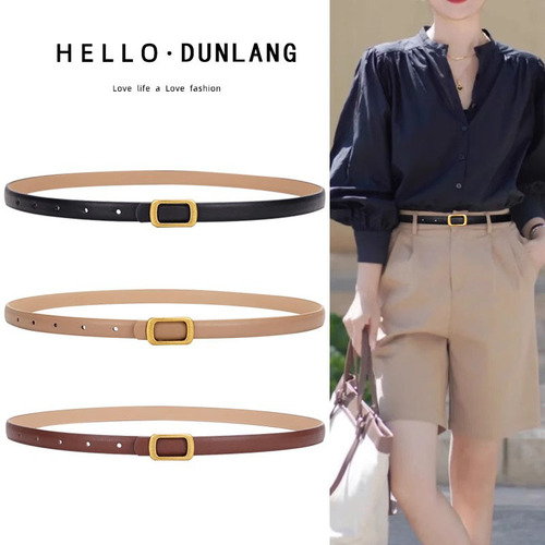 Fine Waist Lady Genuine Leather Belt 2025 Matching Dress Pants Stylish Versatile Black Jeans with Formal Gown