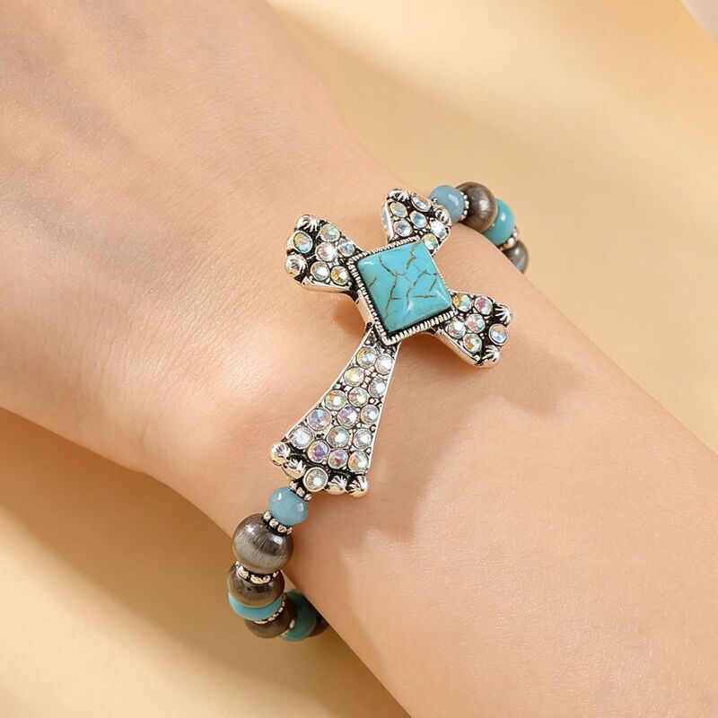Western European and American Style Bohemian Navajo Style Turquoise Cross Bracelet Vintage Silver Jewelry with Diamond Beads Western European and American Style Bohemian Navajo Style Turquoise Cross Bracelet Vintage Silver Jewelry with Diamond Beads