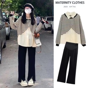 Maternity clothing spring suit fashion 2023 new striped fake two long sleeve shirt spring and autumn loose top