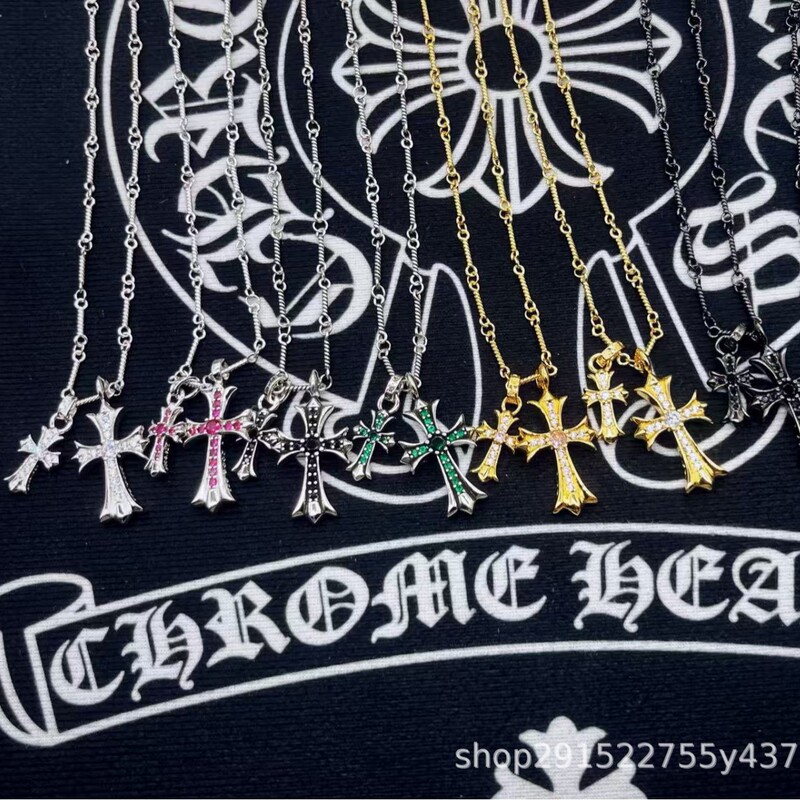Double Cross Pendant in White Gold, Rose Gold, and Yellow Gold with Colored Diamonds, Wholesale Cross-Border High-End Autumn and Winter Sweater Chain Accessory