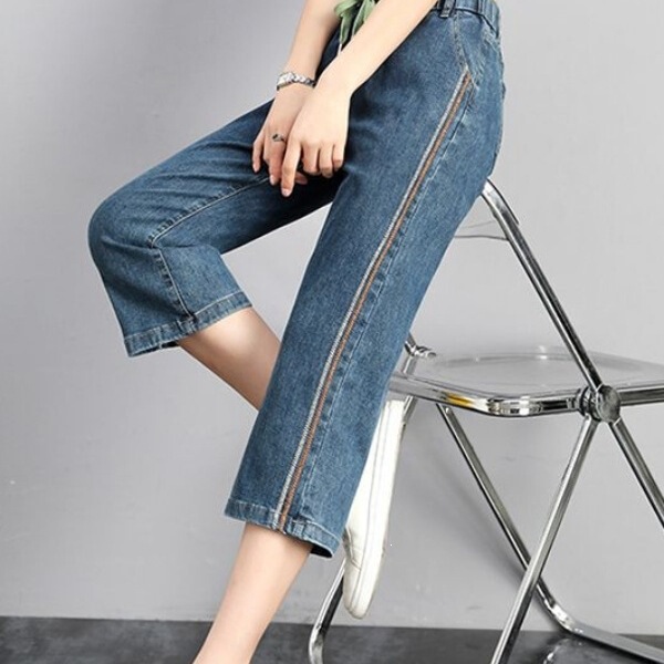 Loose Straight Wide-Leg Pants, Plus-Size Cropped Jeans for Women, 2026 Thin Style, Large Size, Summer Elastic Waist Loose Straight Wide-Leg Pants, Plus-Size Cropped Jeans for Women, 2026 Thin Style, Large Size, Summer Elastic Waist