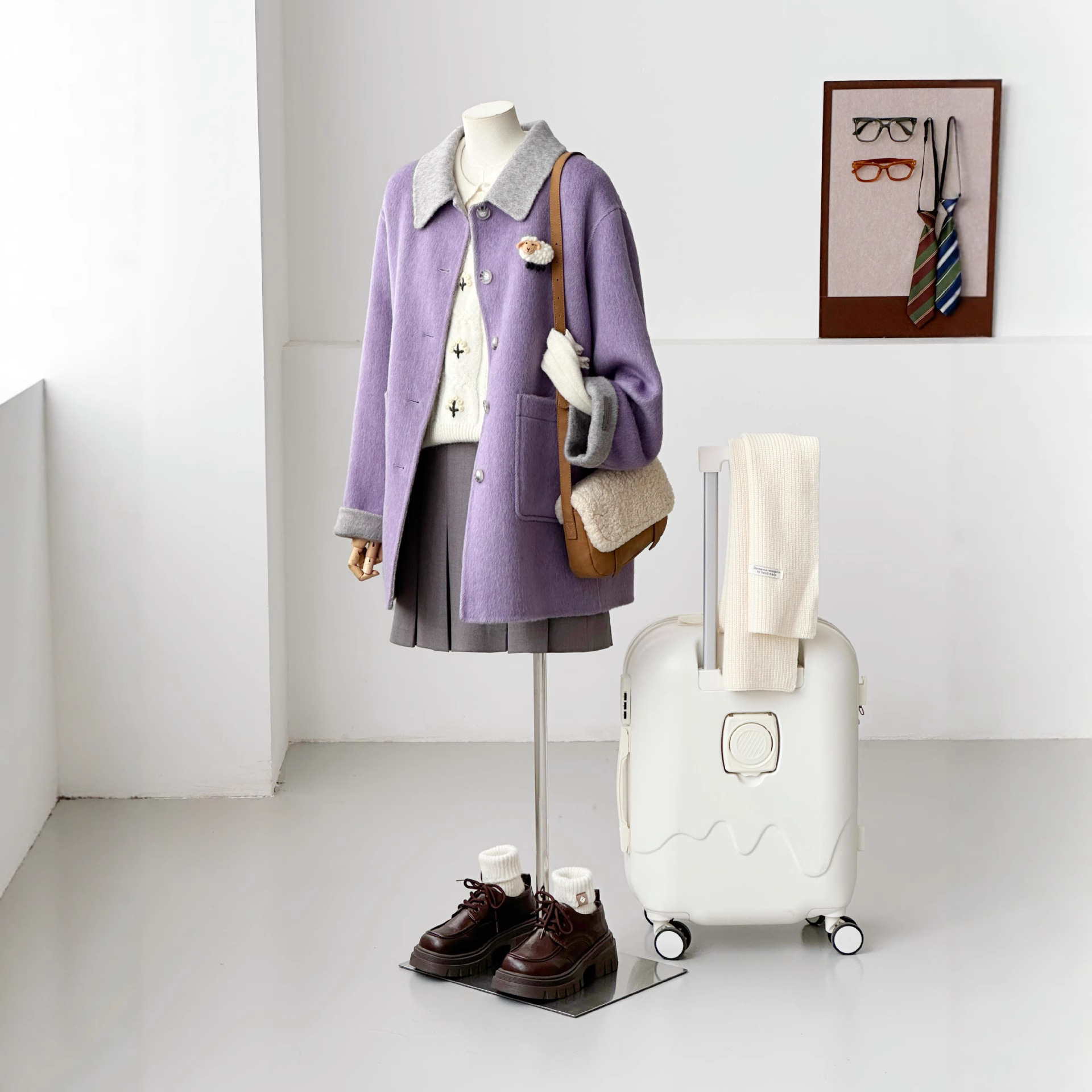 【甜芋恋人】2025冬季紫色毛呢外套女中长款百搭气质大衣HL122