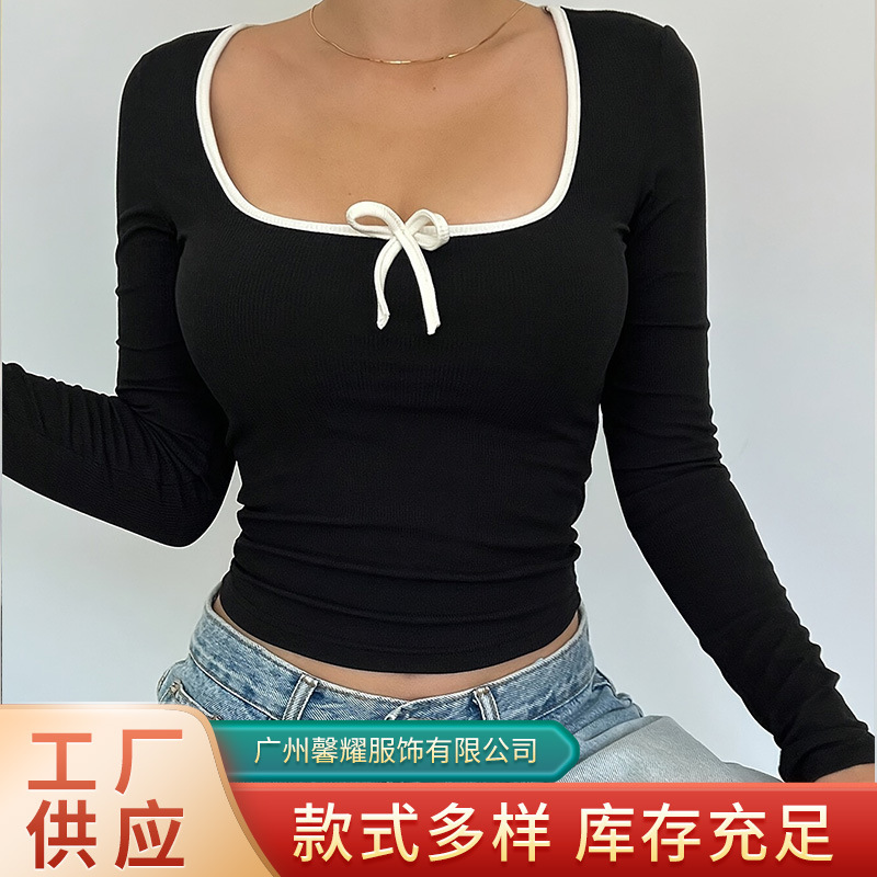 2025 European and American Cross-Border Export Amazon Women's New Black Contrasting Bow Square Collar Long-Sleeved Stretch Top