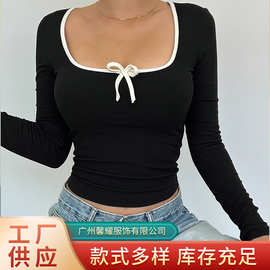 2025欧美跨境外贸亚马逊女装新款黑色撞色蝴蝶结方领长袖弹力上衣