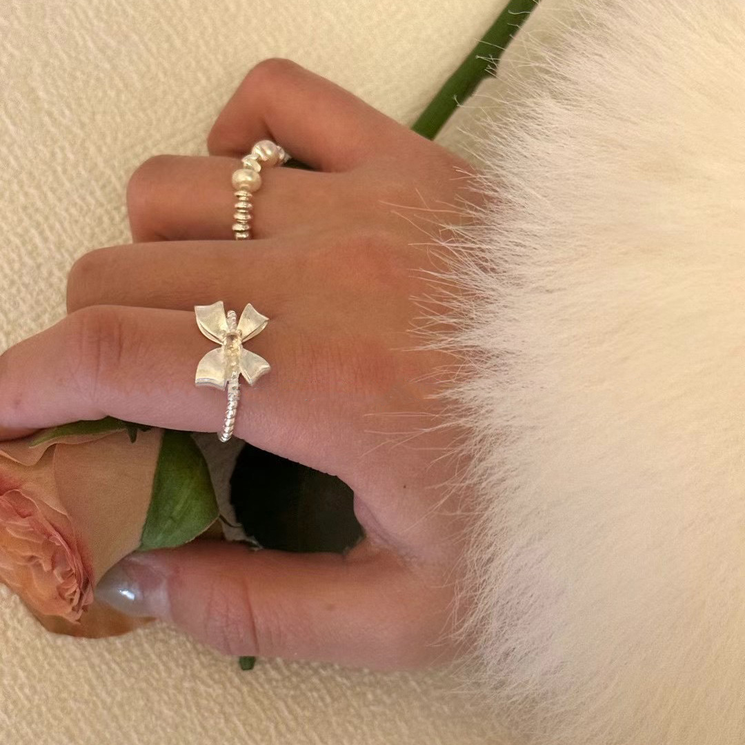 S925純銀粉鋯扭紋蝴蝶結戒指女小眾設計韓國ins甜美氣質指環