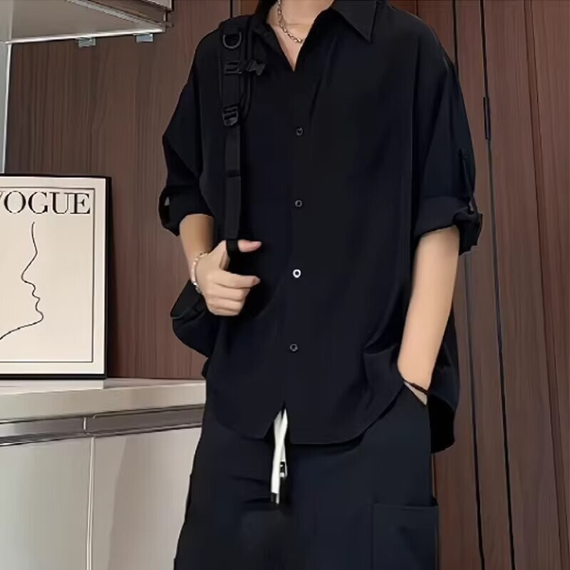 Three-Quarter Sleeve Shirt for Men, High-End Black Early Autumn Thin Ice Silk Casual Top, Drapey Handsome Half-Sleeved Shirt for Men