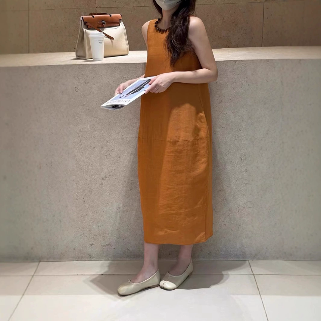 Льняная праздничная длинная юбка летом новый задний открытый кокон без рукавов жилет платье женский