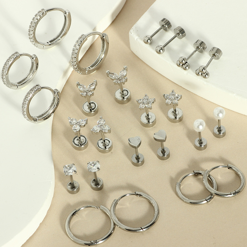 Butterfly Design Real Gold Electroplated 8Pcs Stainless Steel Ear Studs Set - 2025 Fall Fashion Light Luxury Earrings detail image 7