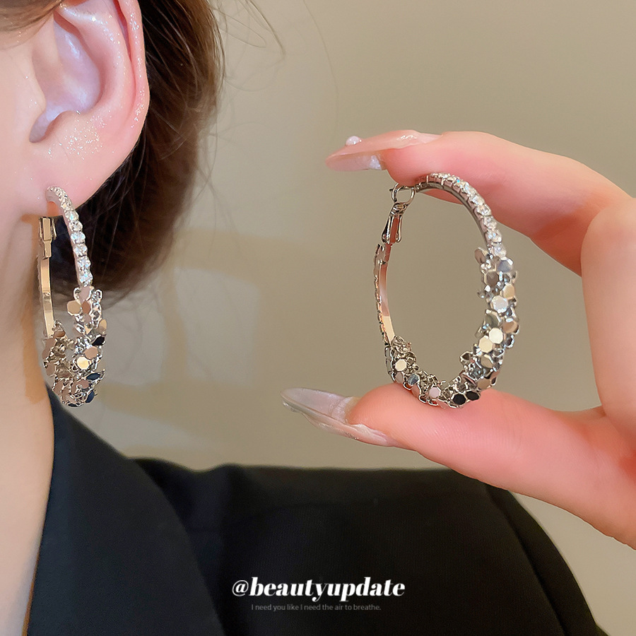 Silver Needle Inlaid Diamond Geometric Round Earrings European and American Fashion Simple Versatile Elegant Earrings Accessible Luxury High-End Earrings for Women
