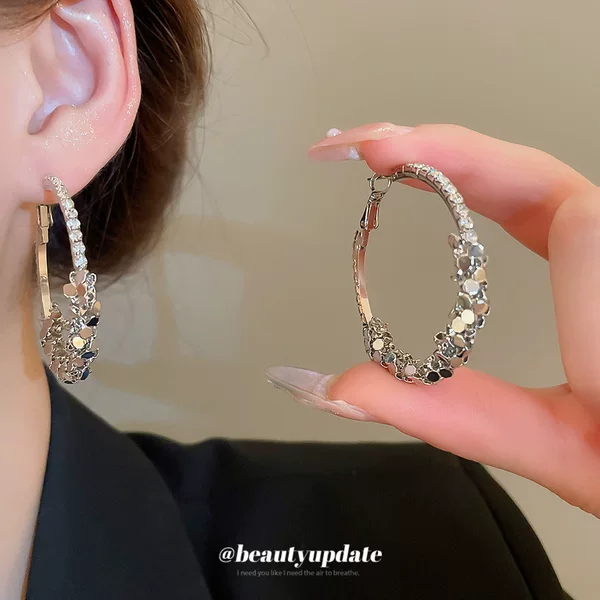 Silver Needle Inlaid Diamond Geometric Round Earrings European and American Fashion Simple Versatile Elegant Earrings Accessible Luxury High-End Earrings for Women