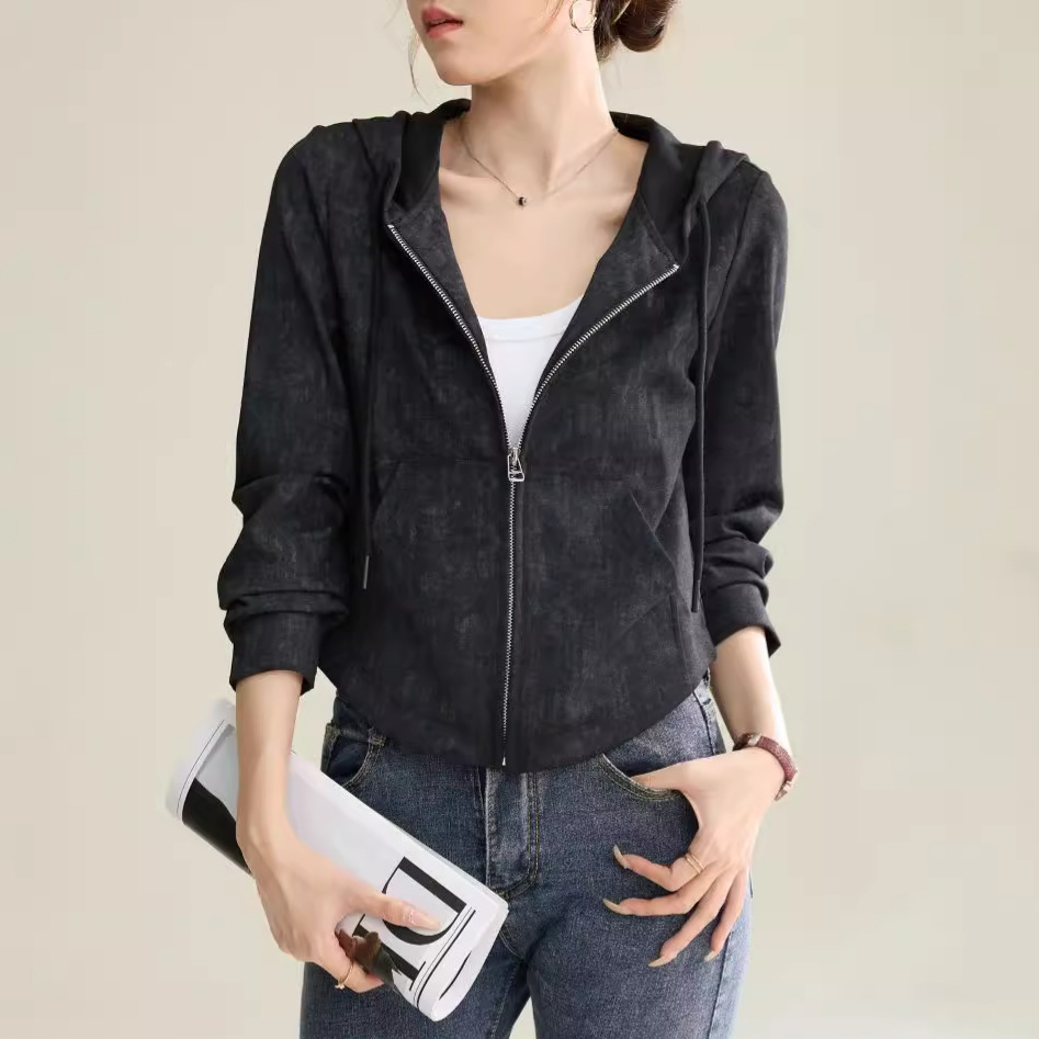 후드 가디건 스웨트 셔츠 여성 지퍼 재킷 2024 새로운 봄과 가을 패션 짧은 한국 스타일 올 매치 탑