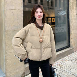 实拍撞色立领短款羽绒服女冬季2025新款小个子白鸭绒保暖气质外套