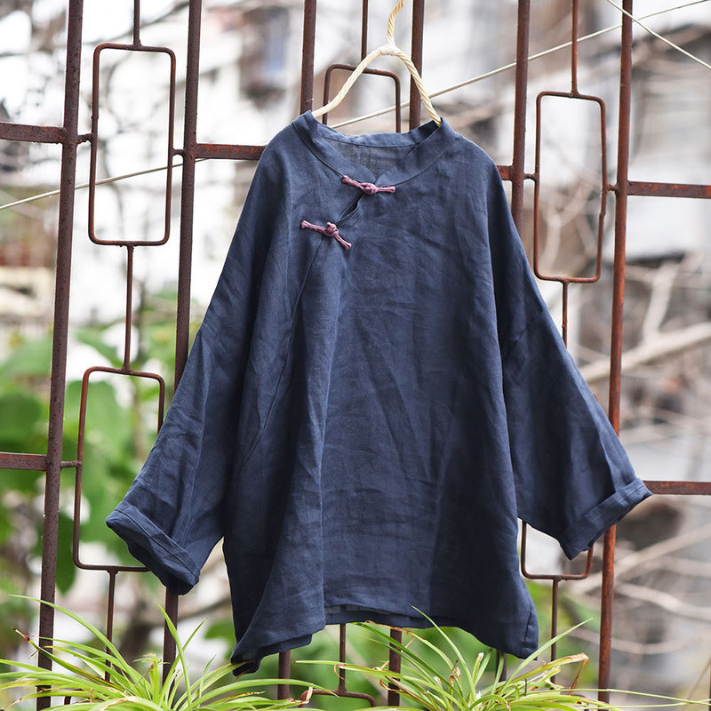 Guzeng/original sand washed Ramie stand collar top vintage handmade stitching Buckle Chinese style slant loose blouse