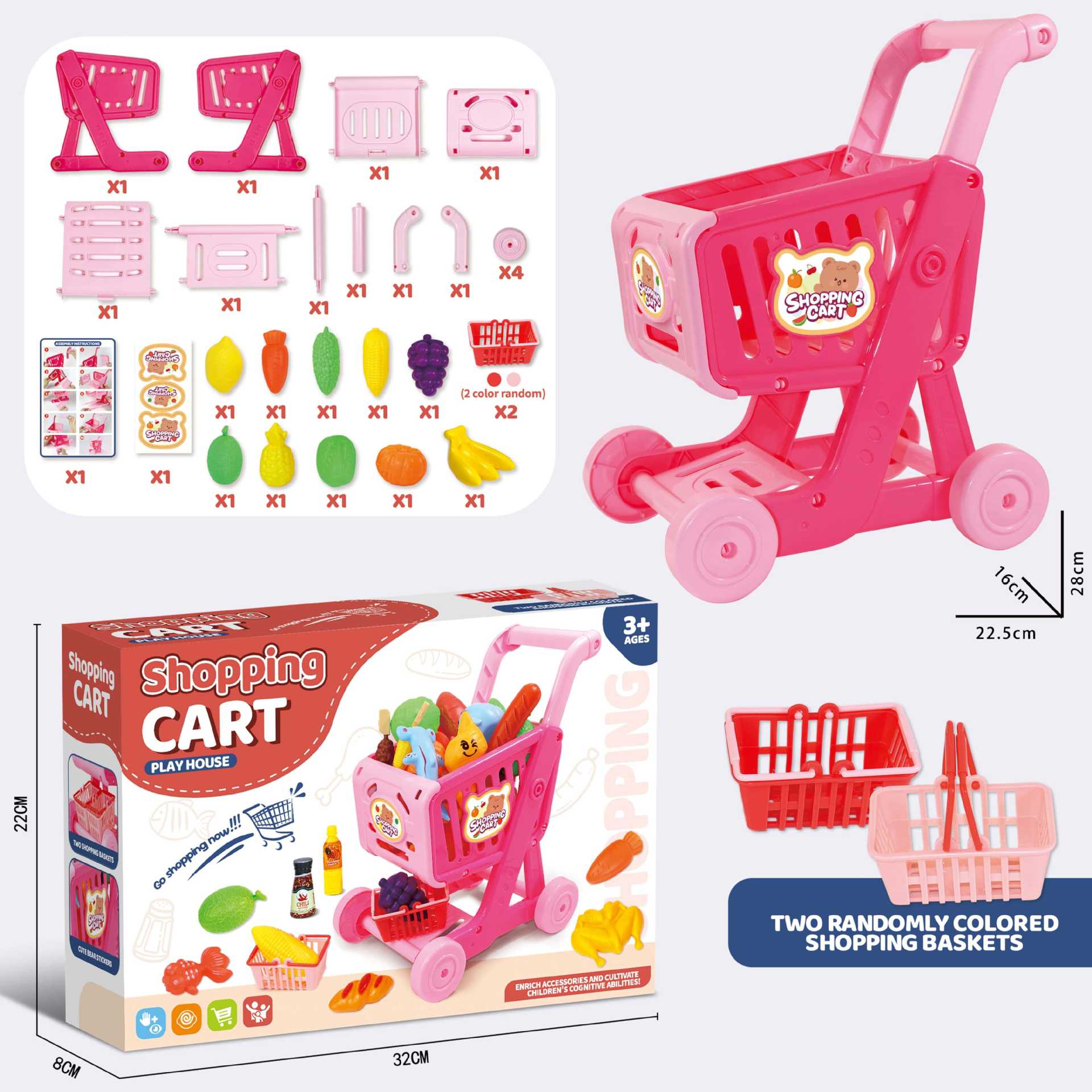 Compras transfronterizas, carrito de compras, juguetes, cochecitos para niños, supermercados, bebés grandes, niños y niñas, frutas, música de corte