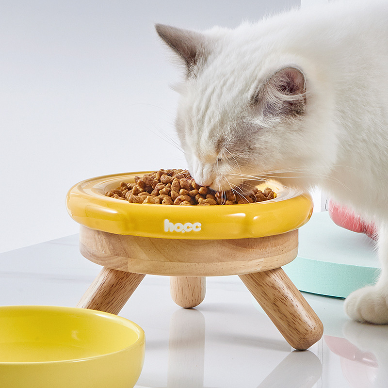 Cat Bowl height increasing rack anti-knock water bowl protective cervical spine oak rack small dog pet bowl dining table rack food plate