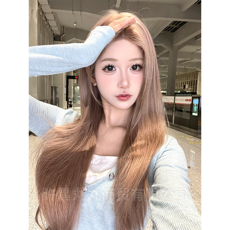 Marubeno Wig Winter New Women's Group Hair Color One-character Lace Long Straight Hair Full Head Cover Natural Round Face