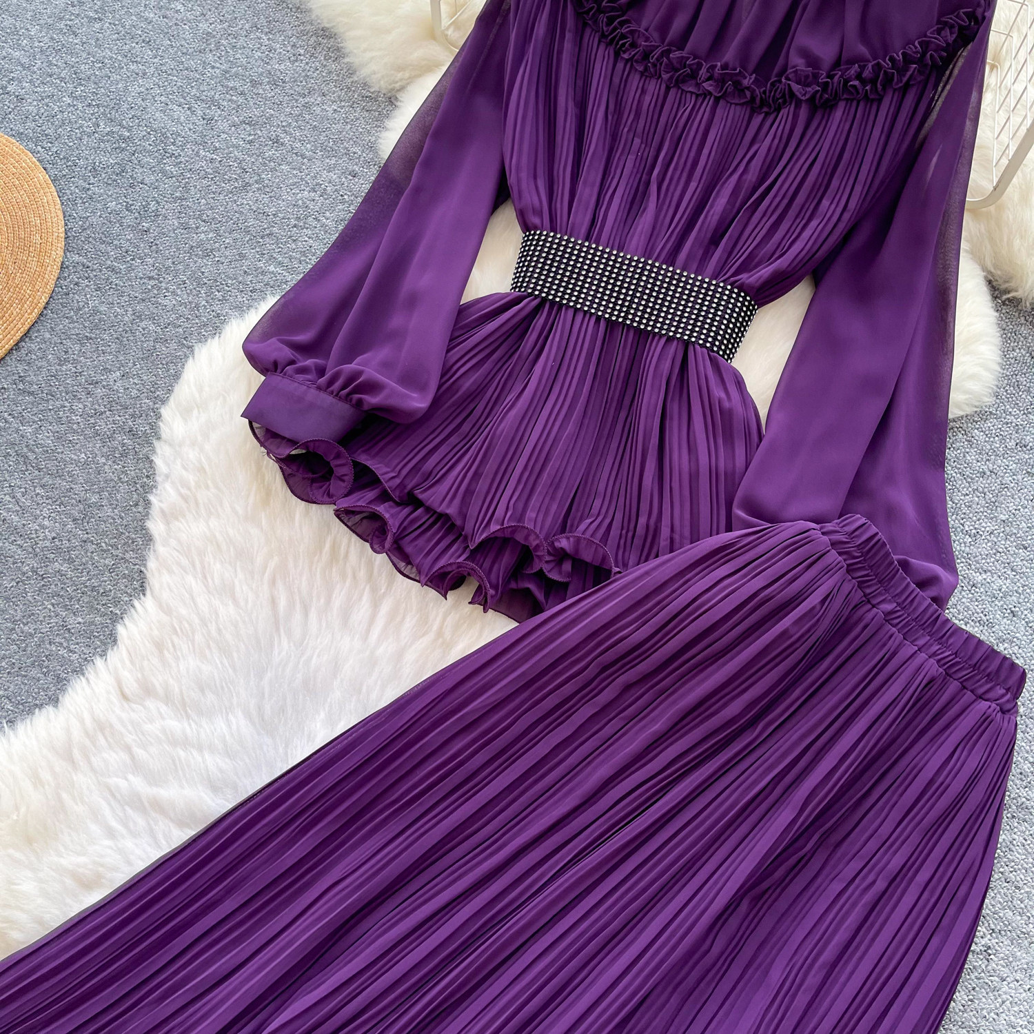 French Office Style Purple Lantern Sleeve Belted Ruffle Midi Dress For Women | Autumn Elegant Two-Piece Set_ecoleips.com