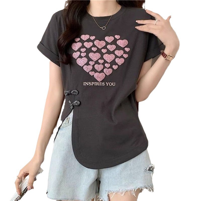 Tamaño grande 2024 nueva camiseta de manga corta de verano con sentido de diseño irregular Las mujeres gordas mm cubren el vientre y se adelgazan image 6