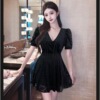 Summer low cut and slim looking lace dress with large hem