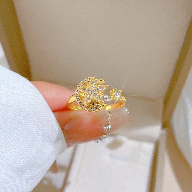 Anello con stella e luna rotanti, mito, apertura regolabile, gioiello semplice giapponese, anello per coppie_voghion.com