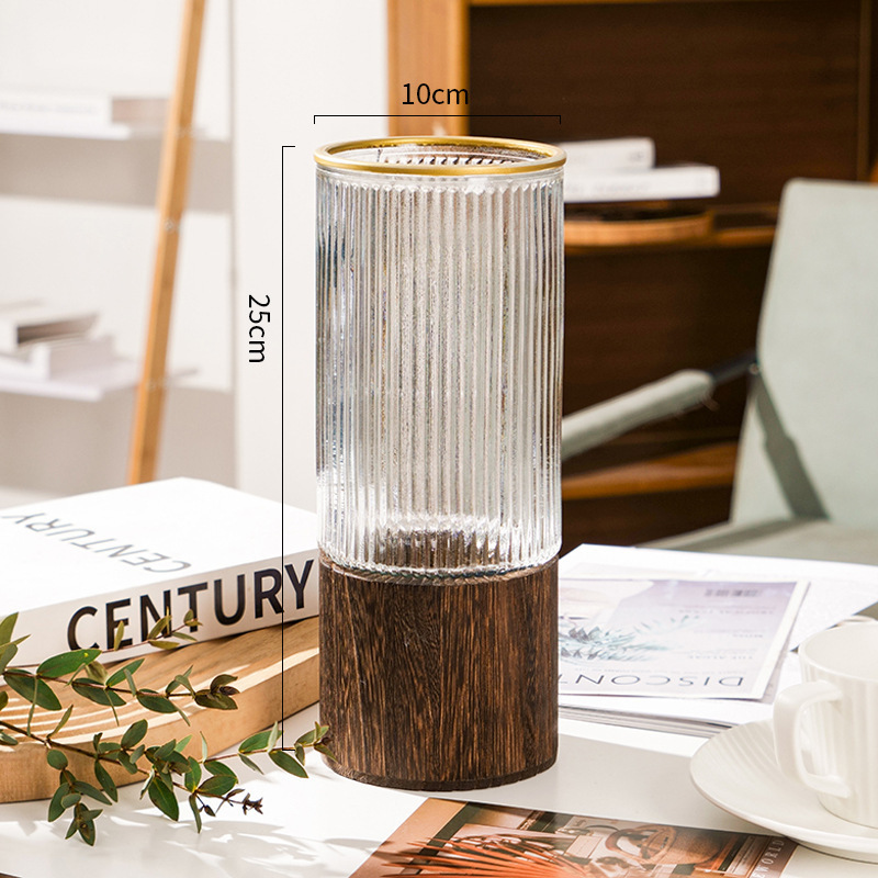 Jarrón de vidrio, soporte de madera chino, jarrón recto, arreglo floral en la sala de estar, decoración, lujo ligero, sentido avanzado, hidropónico de vidrio