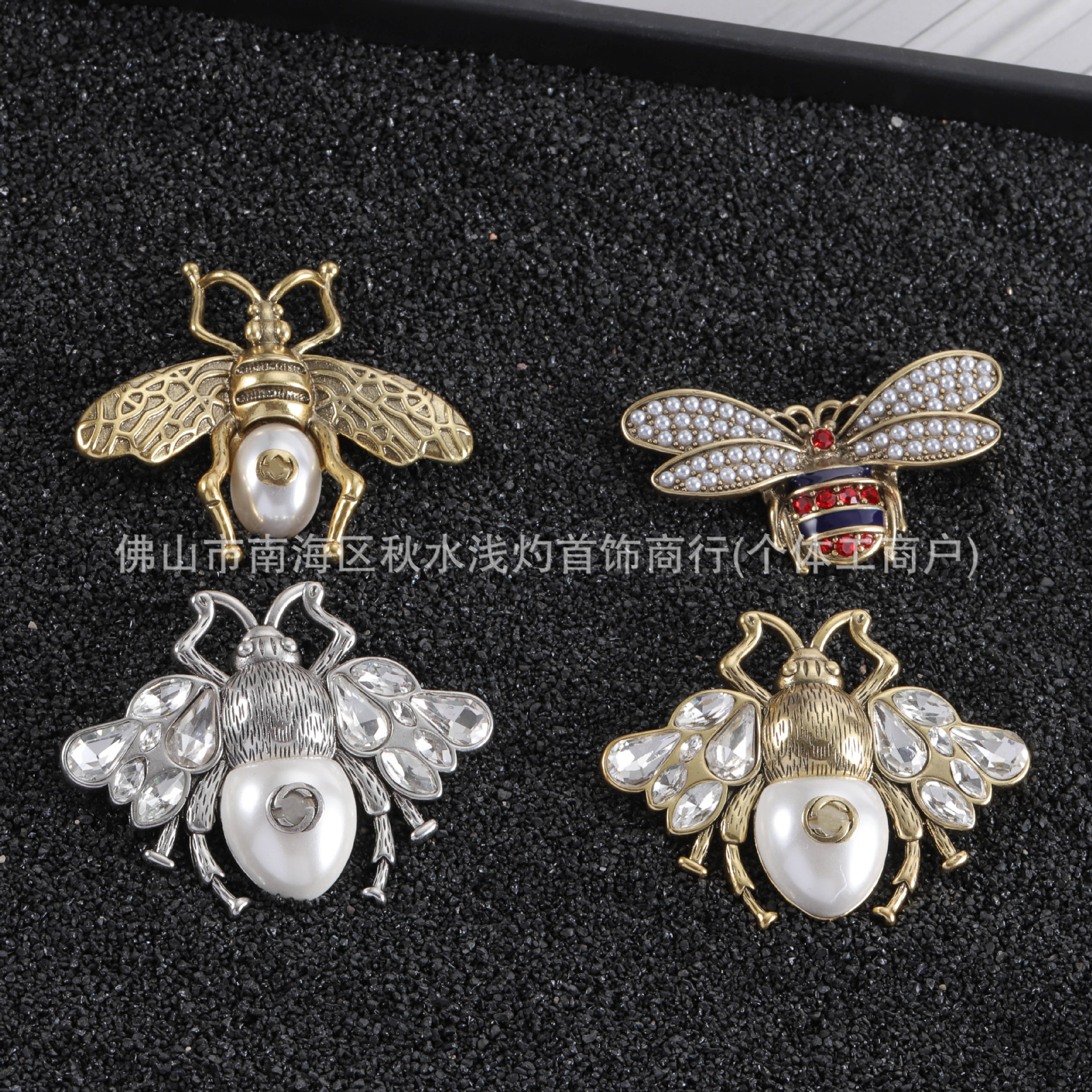 고대 새로운 더블 G 편지 벌 진주 다이아몬드 브로치 여성 클래식 레트로 가슴 패션 하이 엔드 핀