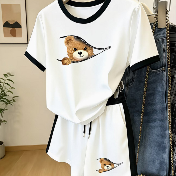 Cute Zipper Bear Pattern Short-Sleeved Loose Top and Sweatpants Comfortable Casual Lazy Style Set 8010 Print