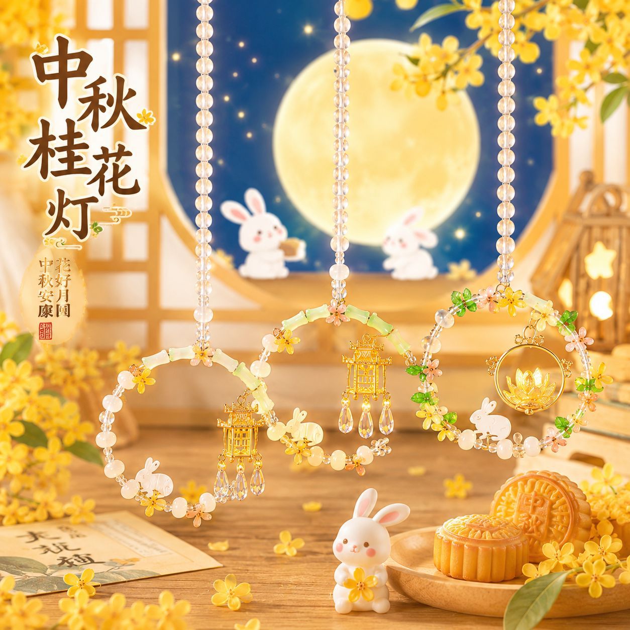 中秋节灯笼手工diy玻璃珠串珠车挂百搭饰品新中式桂花花灯材料包