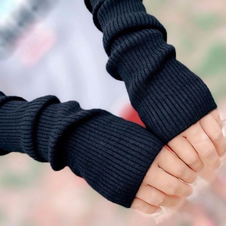 加厚手臂套袖套男女长款露指半指手套针织保暖护肘毛线假袖子黑色