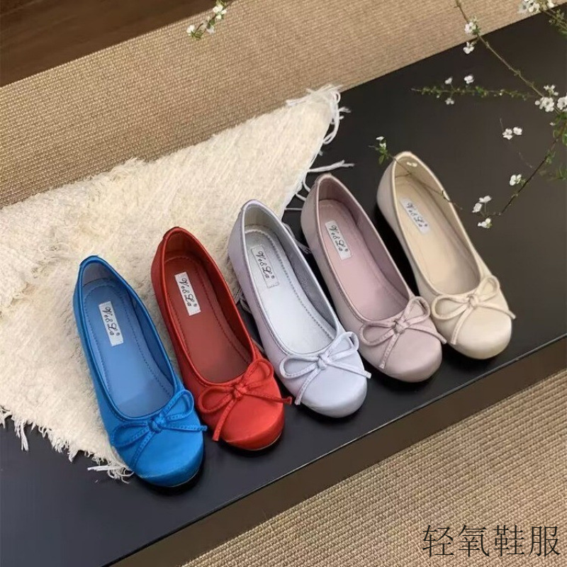 软底圆头芭蕾舞单鞋女2025春季新款绸缎面舒适平底一脚蹬奶奶鞋子|undefined