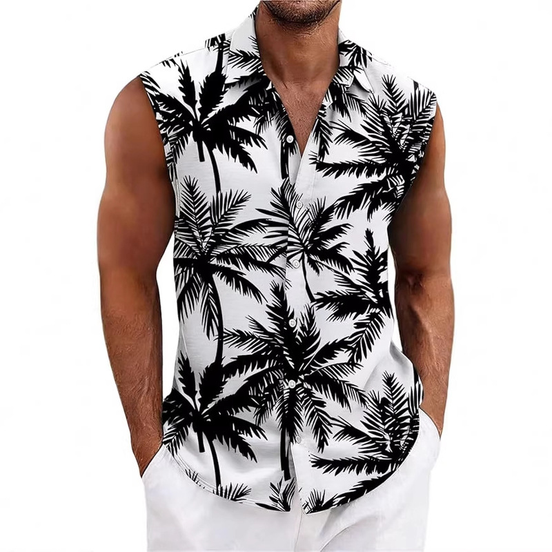 2026 Summer New Cross-Border Men's Sleeveless Shirt with Coconut Tree Print Hawaiian Style Men's Summer Vest Shirt