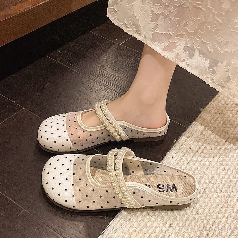 Mesh Breathable Flat Sandals for Women, Summer 2026 New Style, Pearl Polka Dot French Fairy Style Closed-Toe Mules Mesh Breathable Flat Sandals for Women, Summer 2026 New Style, Pearl Polka Dot French Fairy Style Closed-Toe Mules