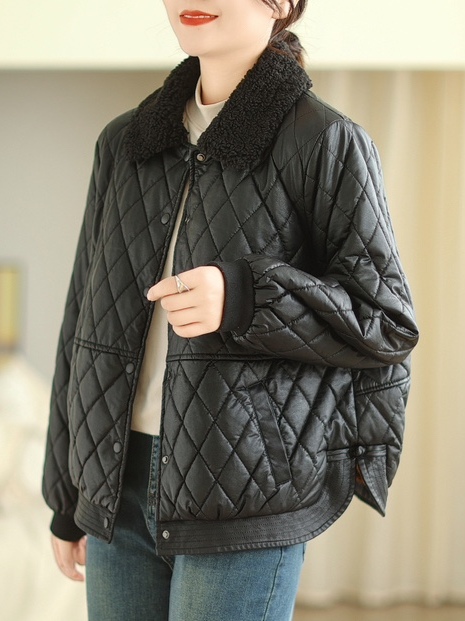 菱格pu加绒皮衣外套女冬季加厚保暖秋冬新款翻毛领盘扣棉袄棉服