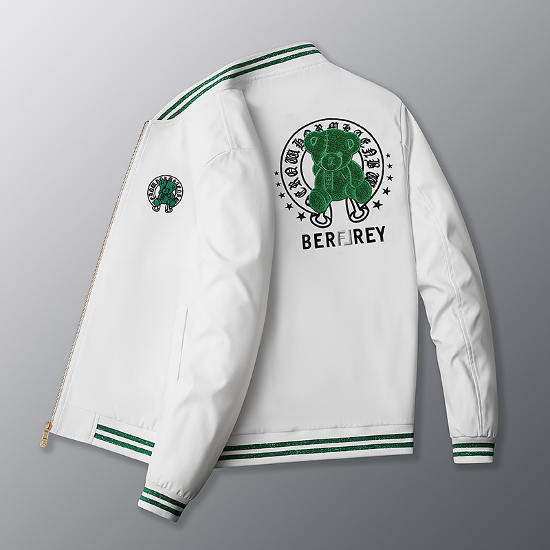 European Station 2022 Youth Spring and Autumn Green Bear Embroidered Jacket Baseball Collar Fashion Men's Jacket