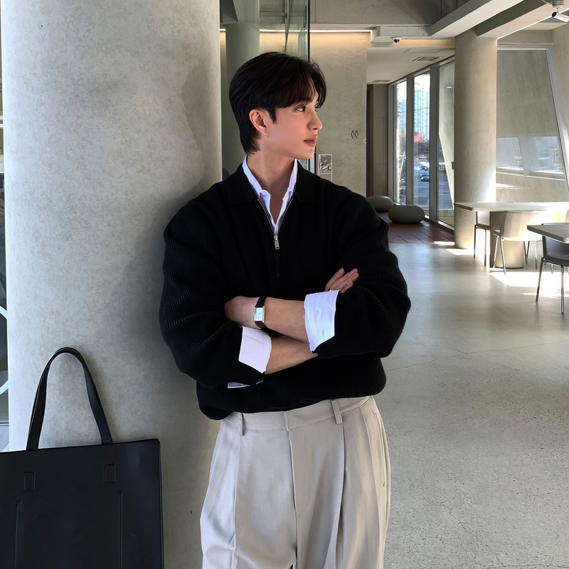 Korean Style High-grade cleanfitPOLO Collar Sweater Casual Early Autumn New Men's Half-zipper Knitted Top with Lar