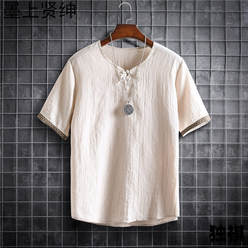 New Summer Short-Sleeved Loose Cotton and Linen T-Shirt for Men, Chinese Style Summer Retro Buttoned Loose Linen Top