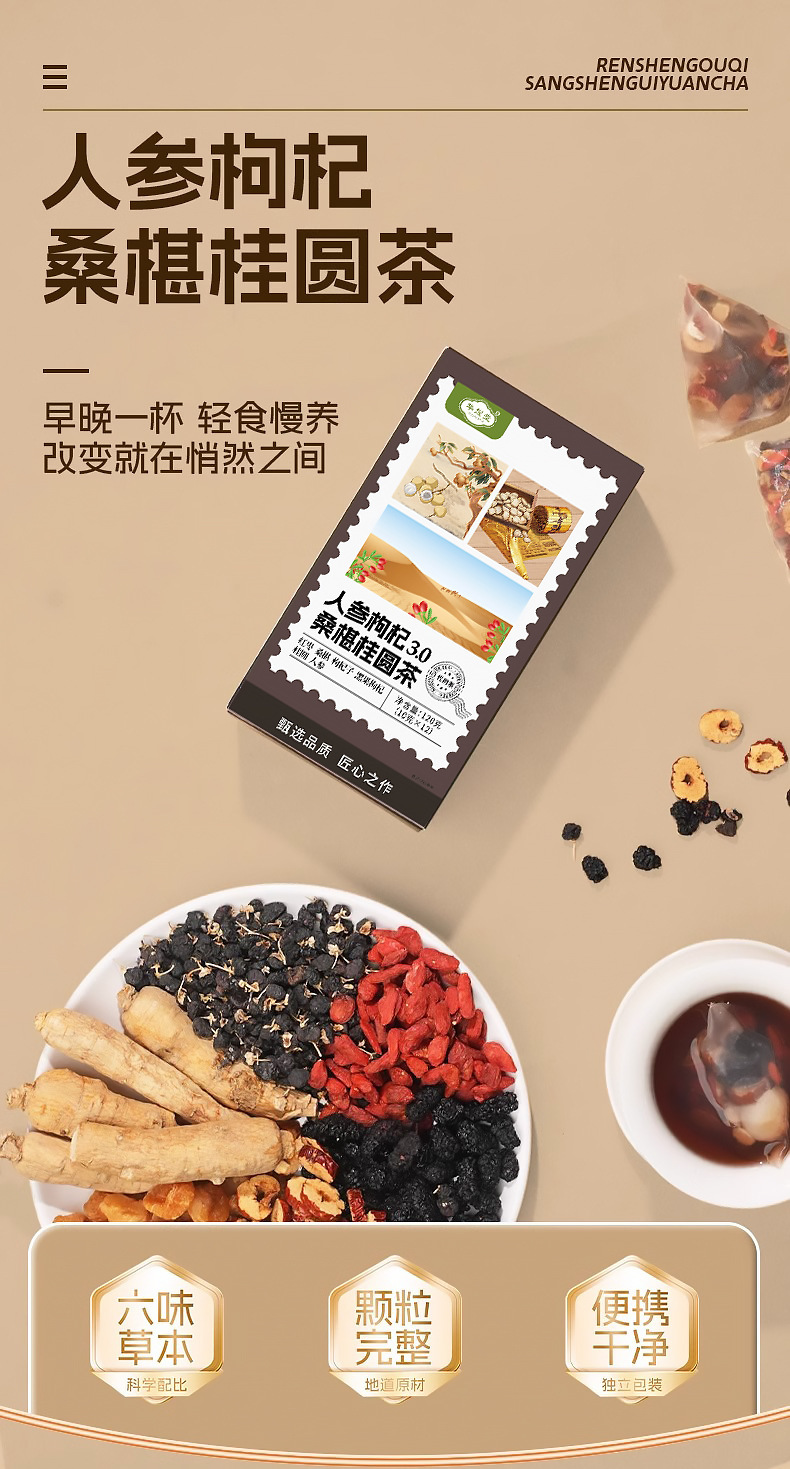 Ginseng Goji Mulberry Longan Tea Bag Blend Liu Bao Herbal Wellness Tea 120g 12 Sachets overview