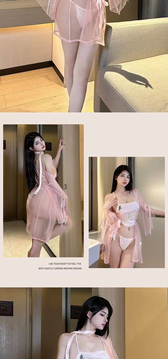 Retro Hanfu-Style Bellyband Dress, Chiffon Apricot Bridal Pajama Set — detail image 5