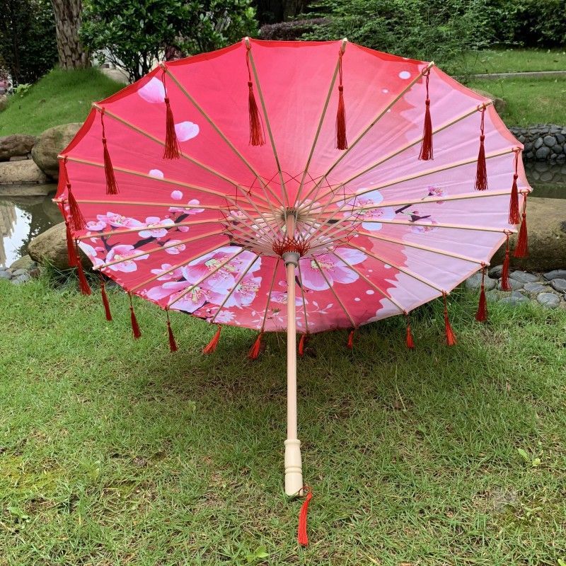 スーパーフェアリーアンティークスタイルの花びらタッセル傘インストールシルク傘写真小道具ダンス傘クラフト古典的な油紙傘|undefined